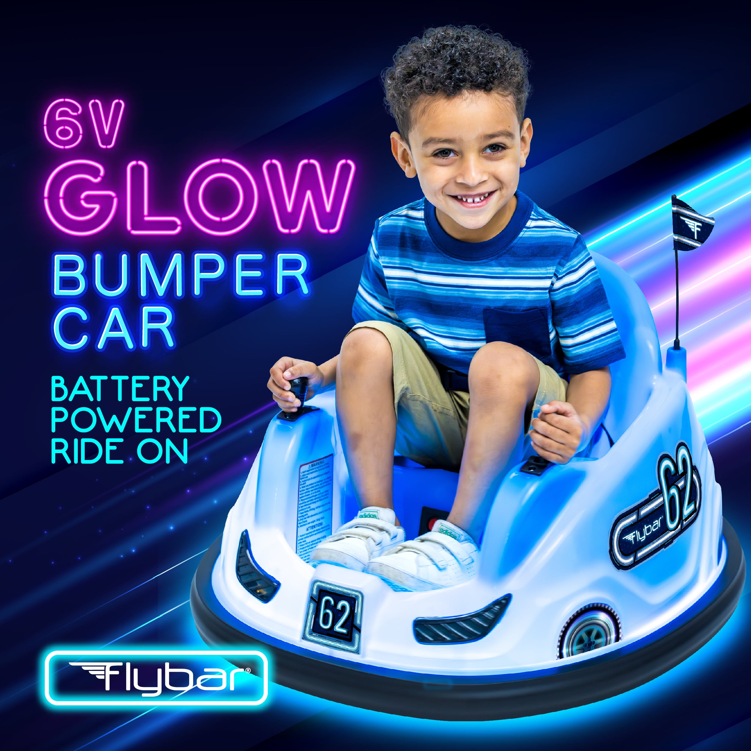 6V Blue Glow Bumper Car, Battery Powered Ride on for Children, Ages 1.5+, by Flybar