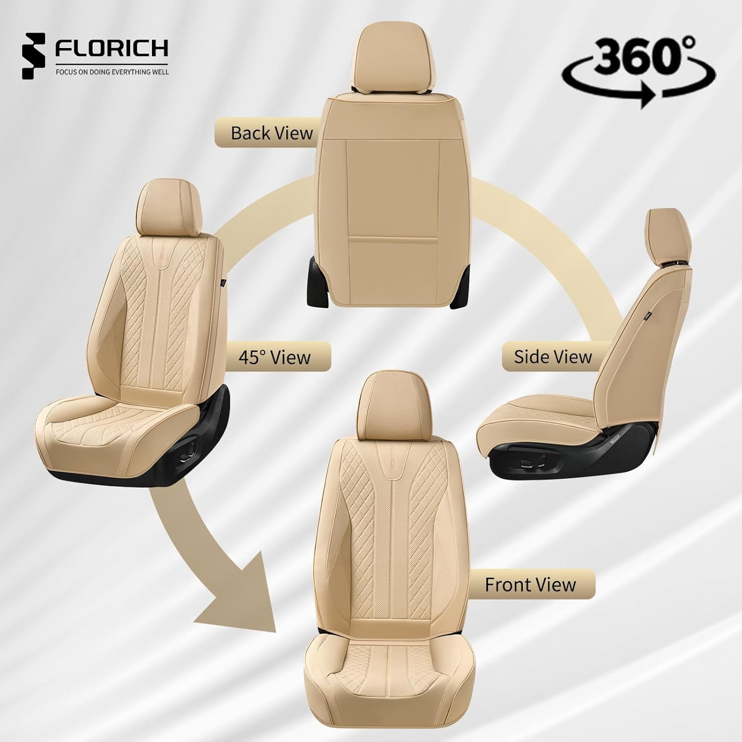 FLORICH Full Set Car Seat Covers, Premium Faux Leather Seat Protectors, Breathable Material Cushions Universal Fit for Most Cars, Beige