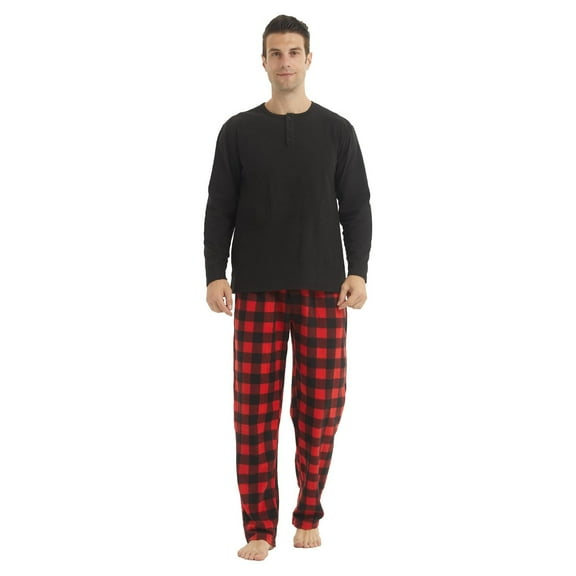 LANBAOSI Men Fleece Plaid Pajamas Set Comfy Sleepwear 2-piece Size L