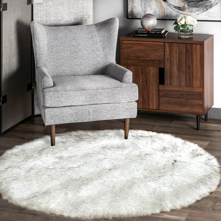 Circle Rug White and Grey Tips Small Round Rugs 3ft Area Rug Faux Sheepskin  Fur Rug Washable Fluffy Rug Fuzzy Throw Rug for Living Room Bedroom Cute