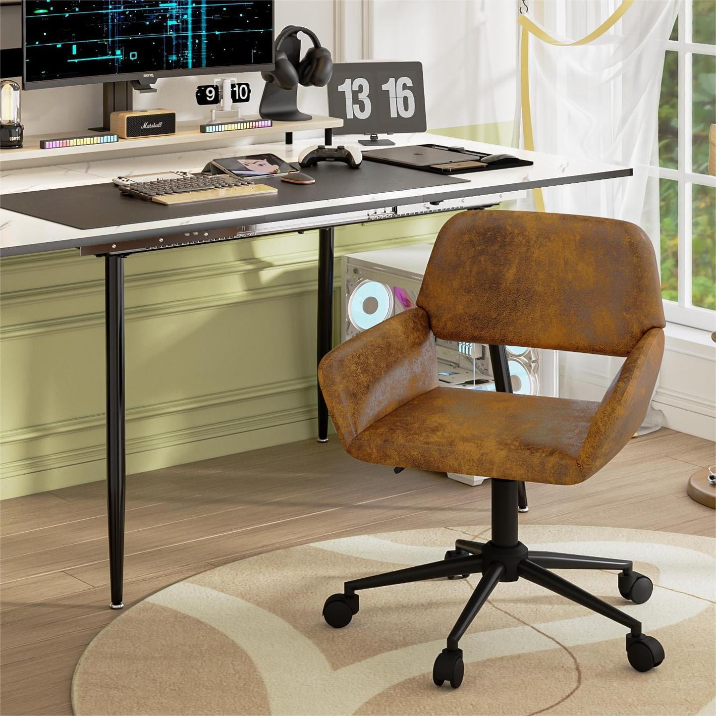 Homy Casa Ergonomic Gaming Chair - Adjustable Swivel Office Desk Chair with Armrests, Perfect for Gaming Room, Brown Faux Suede