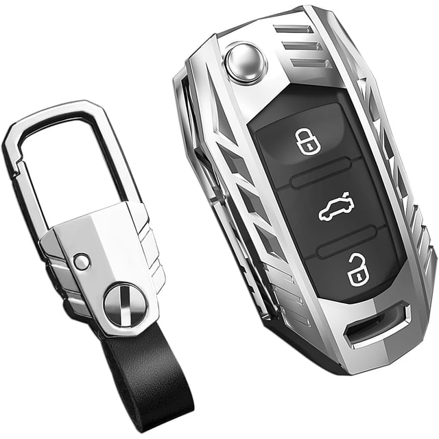 Zinc Alloy Key Fob Cover,Keychain,Full Protection Car Key Case for Volkswagen Jetta Golf GTI Tiguan Rabbit R32 Passat EOS CC Beetle MK6 Santana MK5 Polo VW Keyshell Accessories,Silver Color