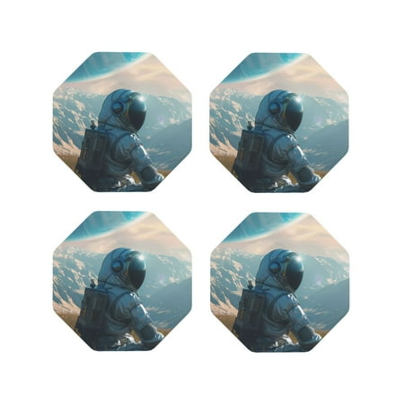 

KLL Drink Coasters Set Octagon of 4 PU Leather Absorbent Coasters Set Decorative Coffee Cup Coasters Housewarming Gift for Home Decor-Astronaut Contemplating Planet