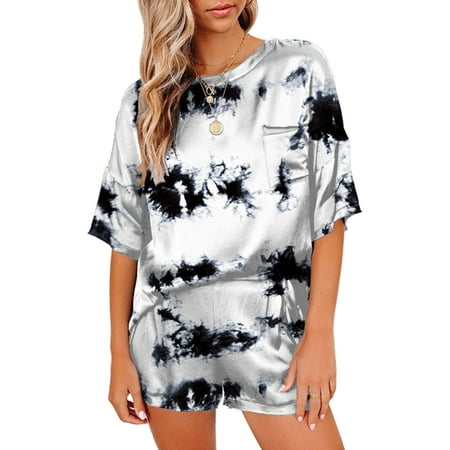 

Tie Dye Print Lounge Set for Women Summer Short Sleeve Crew Neck Tops and Shorts Silk Satin Pajamas Sleepwear Homewear