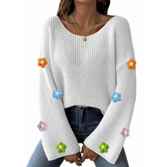 Women'S Long Sleeve Off the Shoulder Sweaters 2025 Casual Ribbed Knit Flower Loose Slouchy Pullover Tops White L