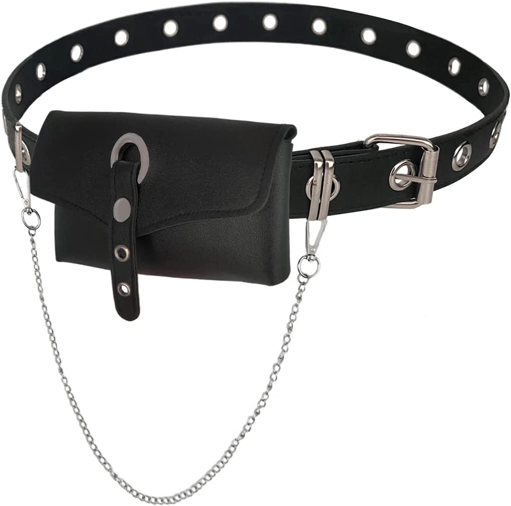 Punk Belt Bag Gothic Fanny Packs for Women Travel Black Leather Waist