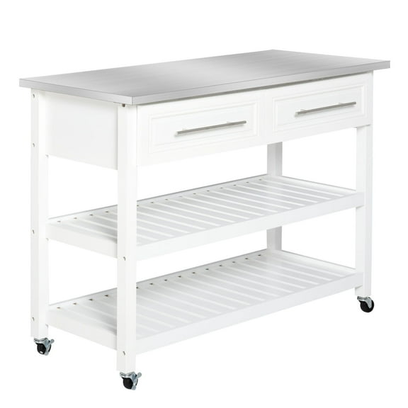 Kitchen Cart on Rollers White Stainless Steel Top Rolling Island Cart with Glass Door