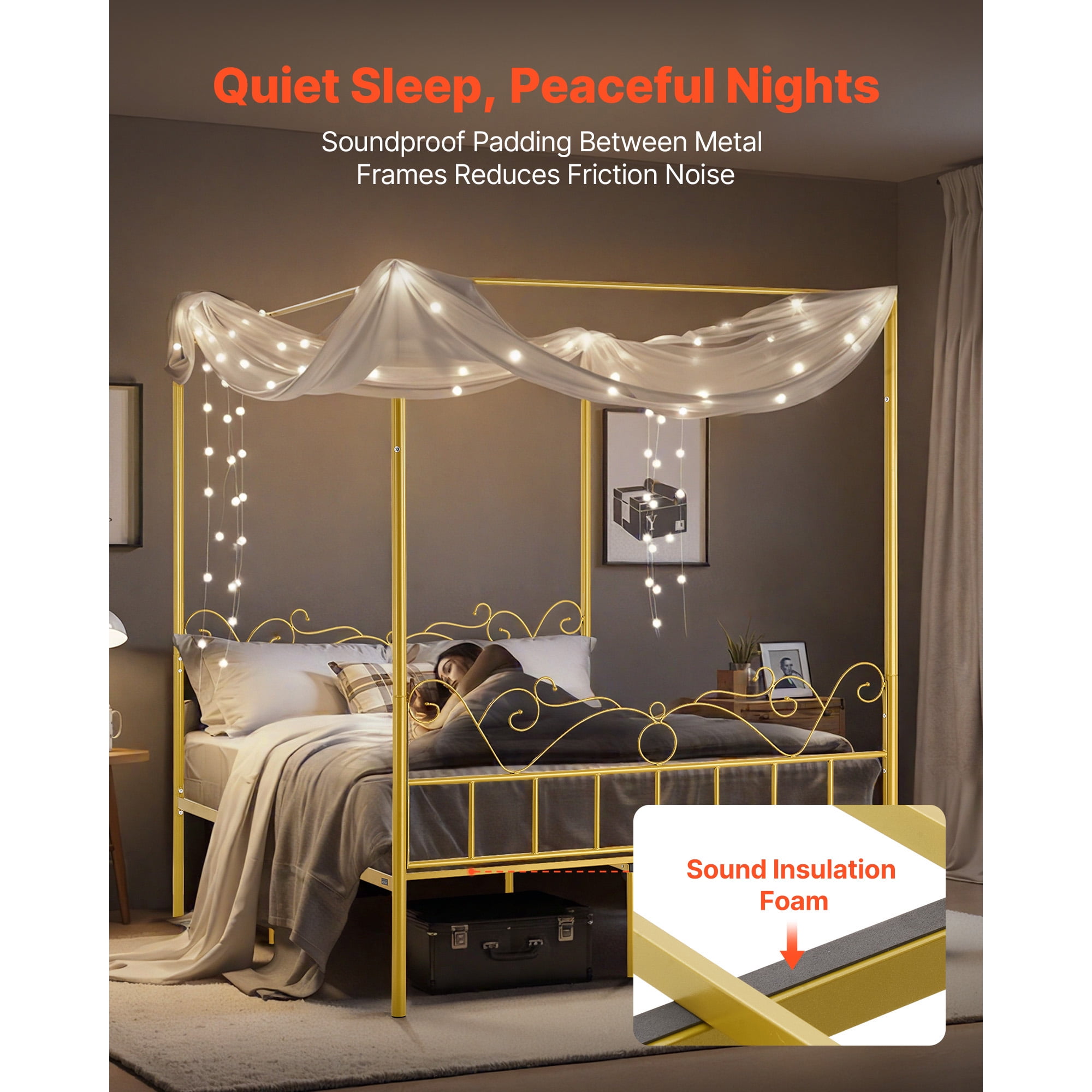 KFFKFF Queen Size Canopy Bed Frame, No Box Spring Requi, Durable Steel Bed Frame with Minimalist Headboard, Ample Underbed Storage, Easy to Assemble