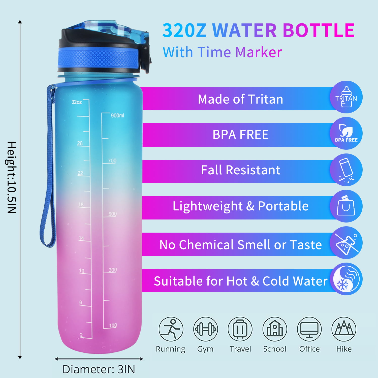 Tahoe© 32 oz. Insulated Water Bottle - Light Purple - Trophy Depot