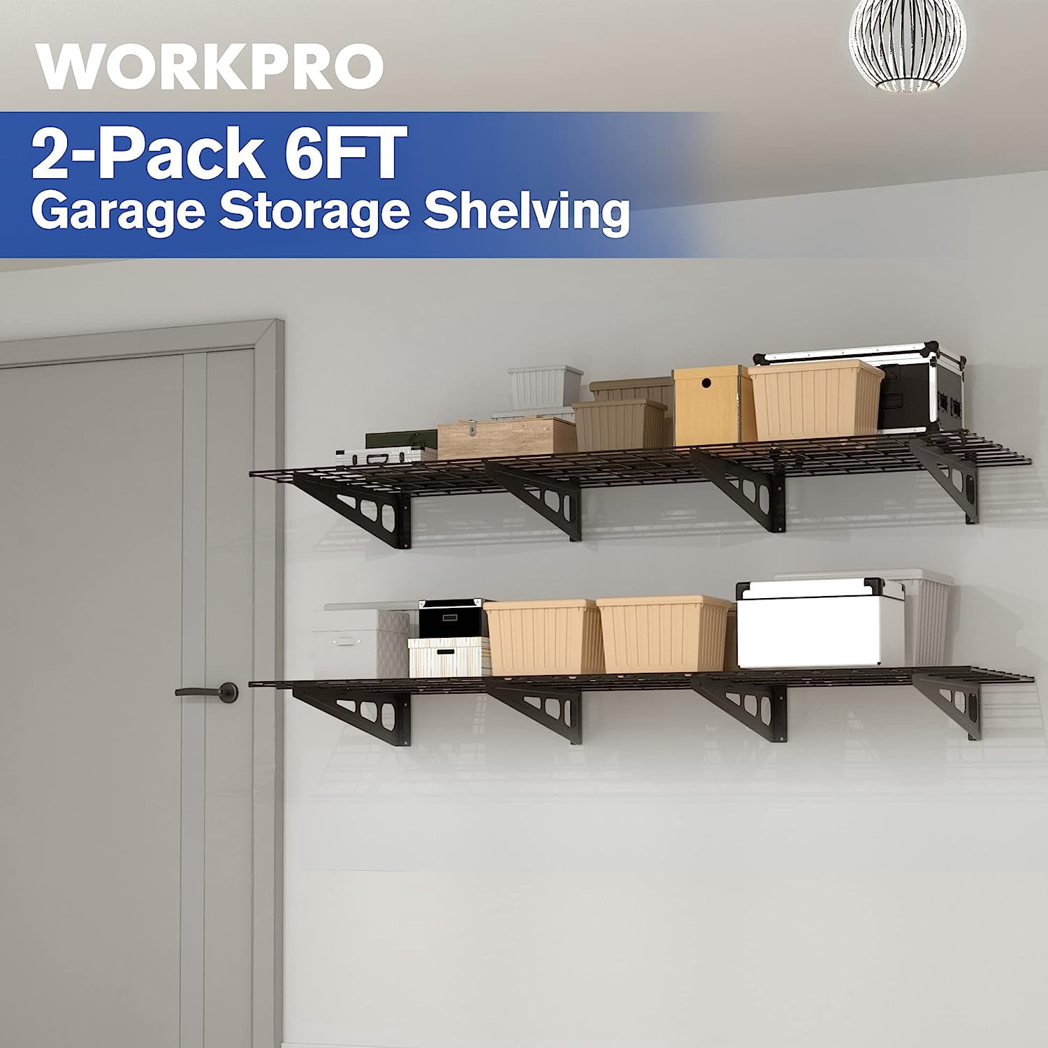 WORKPRO Garage 2-Tiers Metal 12.99"W x 4.53"H Storage Shelves Holds up to 800 lb Maximum Load Weight Capacity, Black