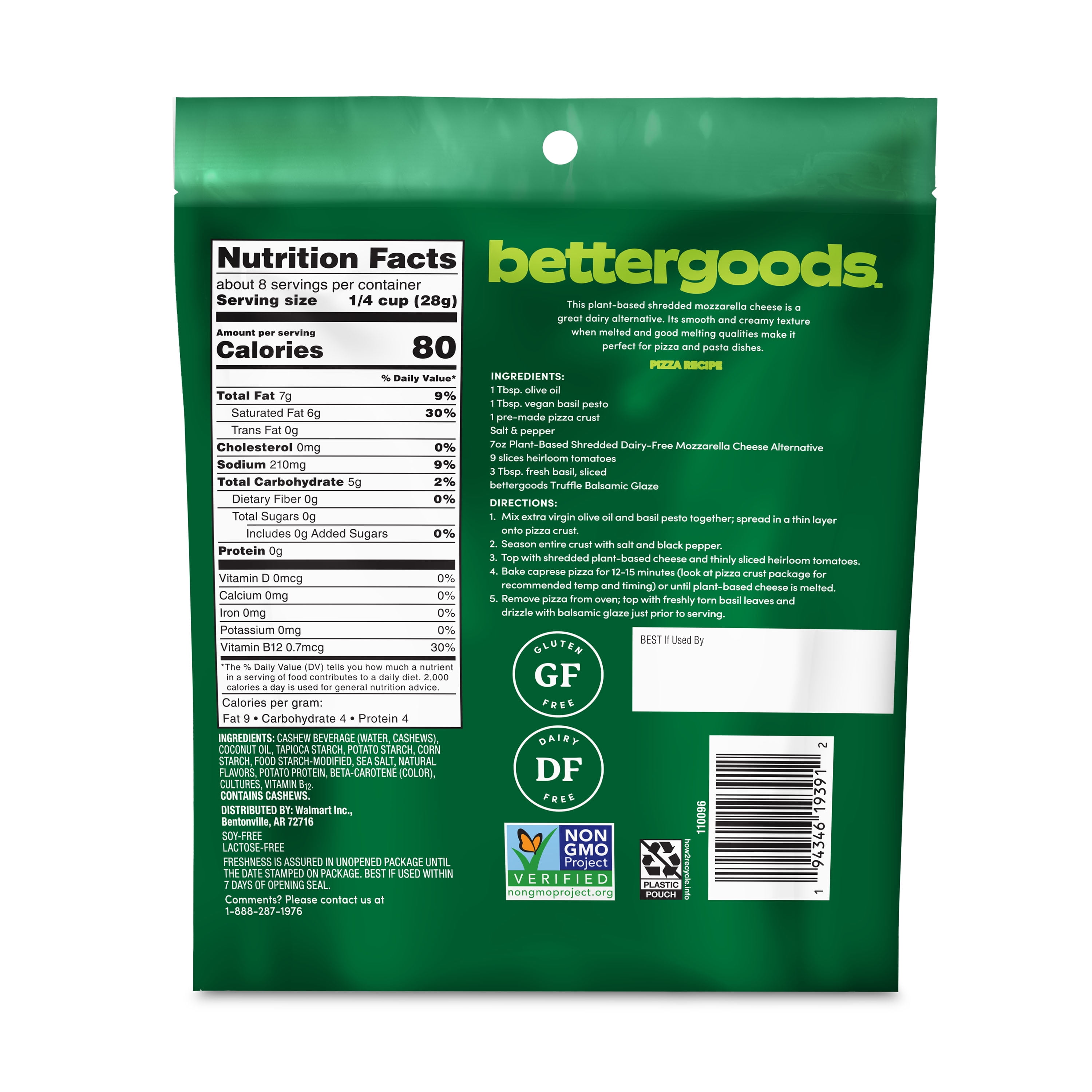 bettergoods Plant-Based Mozzarella Dairy-Free Cashew Shredded Cheese Alternative, 8 oz Bag