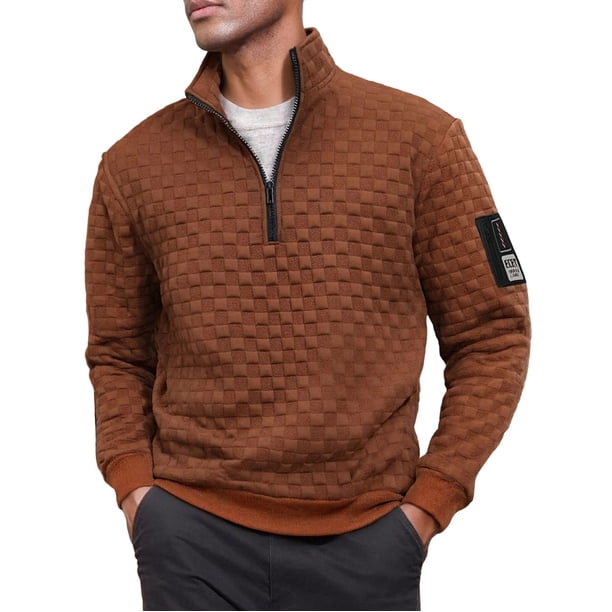 Ceisia Men's Regular-Fit Stand-Collar Half-Zip Checkered Texture Hoodless Sweatshirt Gift