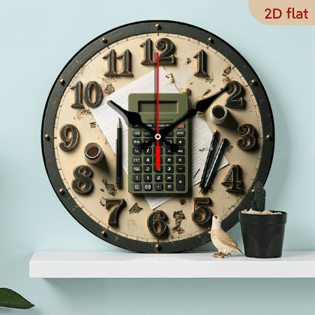 2D Flat 1pc 10Inch Wooden Silent Wall Clock - Modern Minimalist Office Decor with Calculator-like Design, Quartz Movement Non-Ticking Clock for Home, Living Room, Workspace - Beige Black Accent