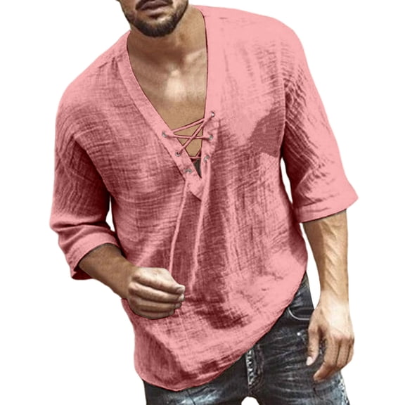 IYTR Men's V-Neck 3/4 Sleeve Lace Up Shirt Casual Summer Beach Vacation Boho Loose Fit Solid Color Relaxed Top (Red,XXL)