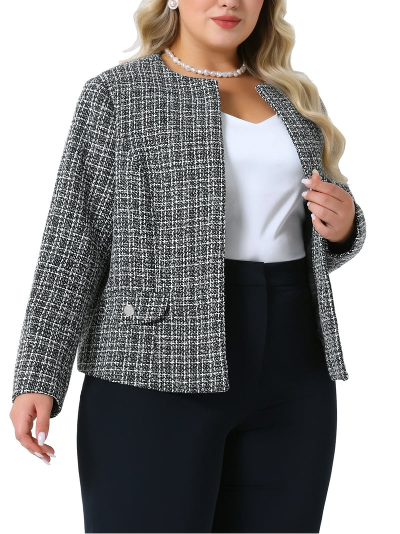 Agnes Orinda Women's Plus Size Tweed Blazer Plaid Collarless Open