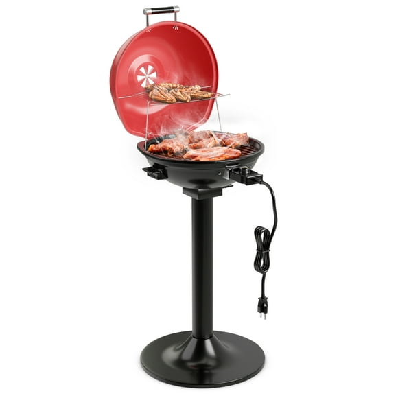 Topbuy Electric BBQ Grill Portable Standing Grill with Removable Non-Stick Warming Rack Adjustable Temperature 1600 Watts Grill for Indoor & Outdoor Use Red