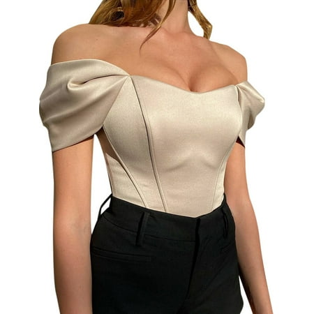 

TFFR Women s Sexy Satin Off Shoulder Corset Push Up Strap Slim Fit Crop Tube Top Cami Streetwear