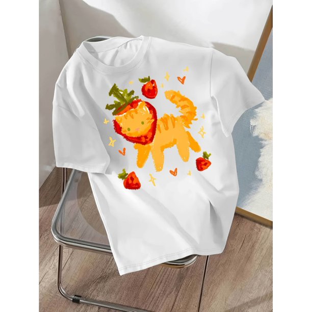 Cute Cartoon Colorful Strawberry Kitten Printed Casual T-Shirt for Women, Summer, Athletic Wear, Crew Neck, Cotton, Medium Stretch, All Seasons, Knit Fabric, 220 g/m²