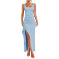 thumbnail image 3 of Laqbezok Women's Ribbed Square Neck Maxi Dress, Sleeveless Side Ruched Bodycon Gown, Casual Slim Fit Dress with High Slit for Summer Party Vacation, 3 of 5