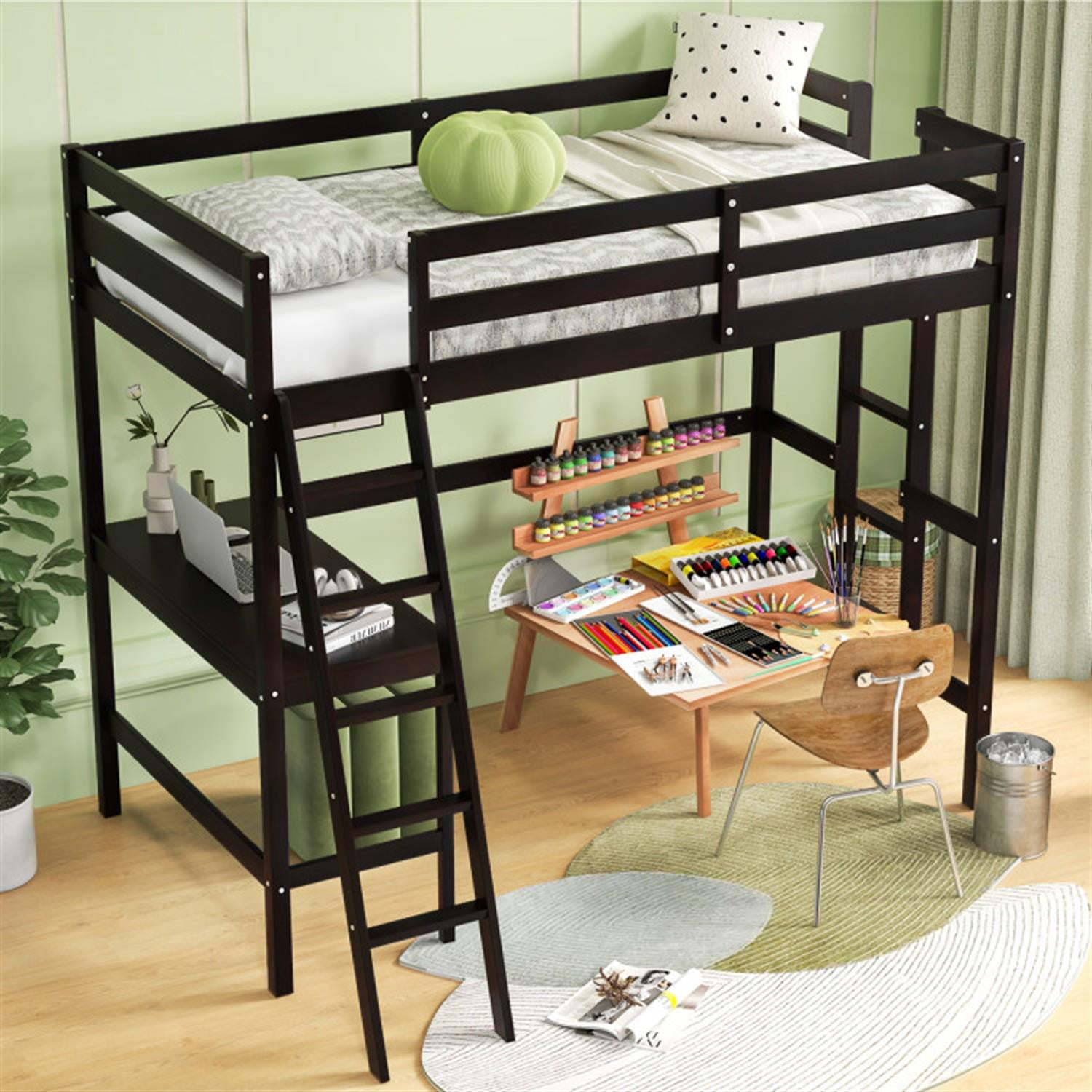 Demi Bonn Loft Bed Twin Size, Solid Wood Loft Bed with Desk Angled and Built-in Ladder, Modern Wooden Playhouse Bed Frame, Brown