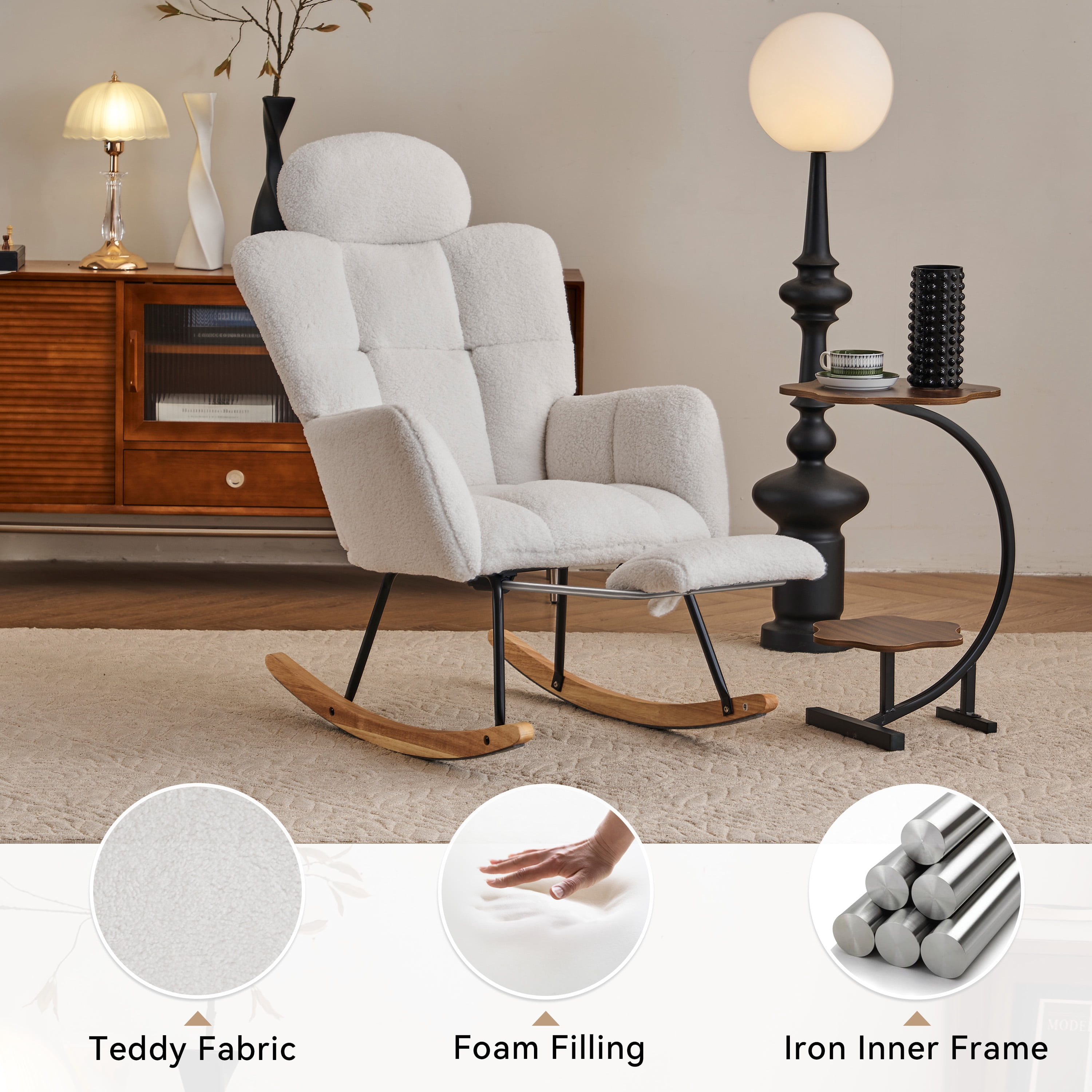 QuzyAor Teddy Fabric Nursery Glider Rocking Chair,Soft Upholstered Chair with Optional Footrest & Headrest for Baby Nursery Living Room,Ivory