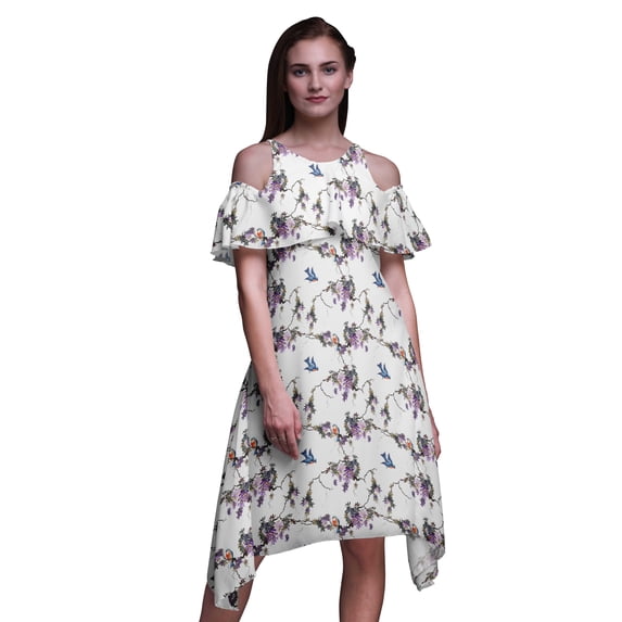Bimba Bird Print Flutter Sleeve Women’s Party Tunic Cold Shoulder Midi Dress-X-Large