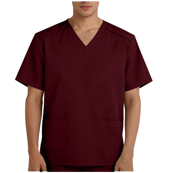 OGLCCG Scrub Top for Men Stretch V-Neck Tunic Nursing Scrub Top Scrubs with 2 Pockets Anti-Wrinkle Short Sleeve Scrubs Tees for Men,XXXL,Wine