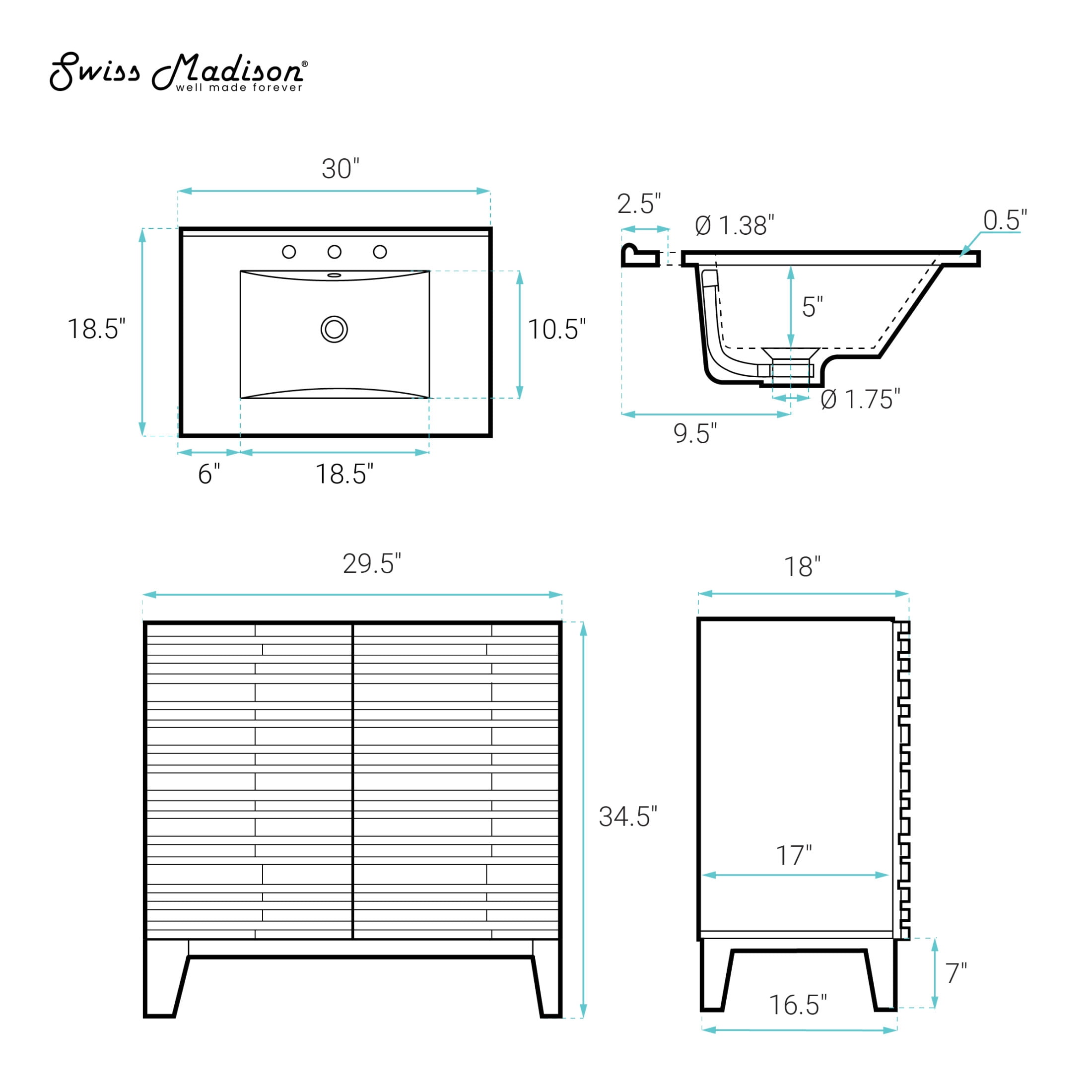 Cascade 30" Freestanding Bathroom Vanity in White Oak with 3-Hole Widespread Sink Top