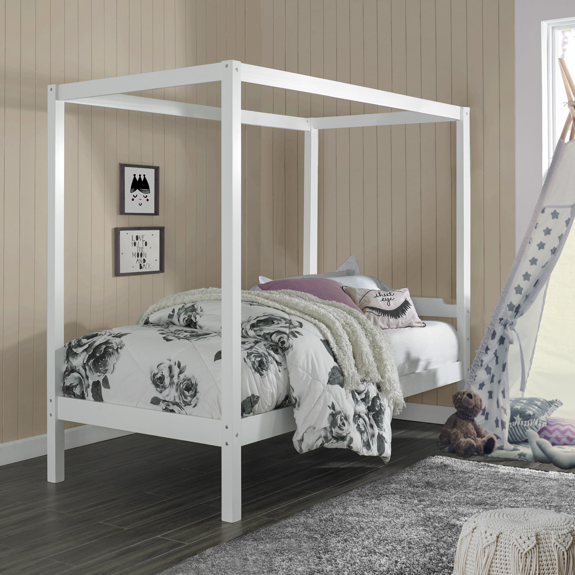Teen Sutton Wood Canopy Twin Bed White, Kids Canopy Bed Frame