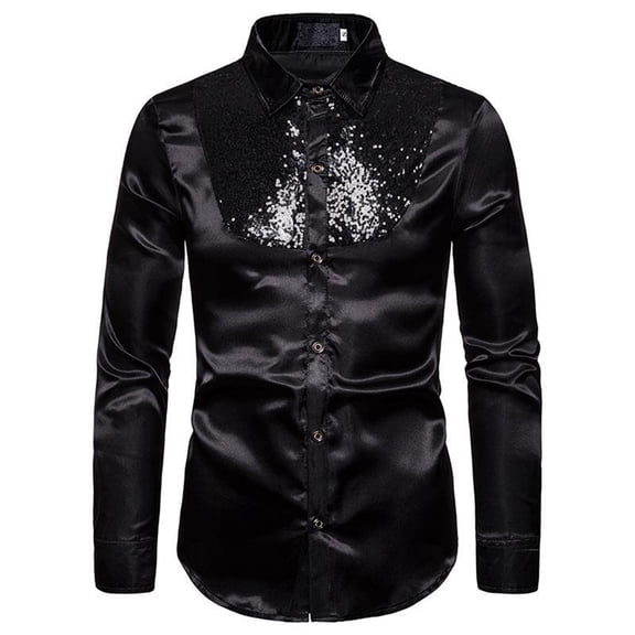 XIAONU Men's Sequin Satin Dress Shirt Slim Long Sleeve Collar Pullover Tunic Shiny Glamorous Party Eveningwear Top