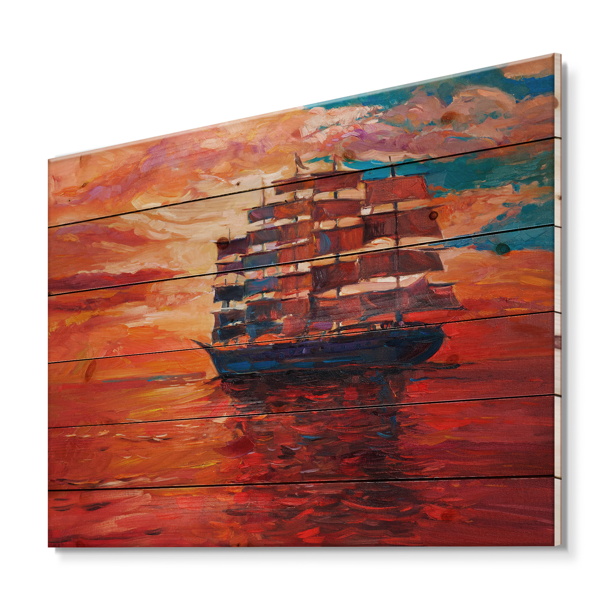 Designart 'Frigat During Red Evening Glow On The Ocean Horizon' Nautical & Coastal Print on Natural Pine Wood