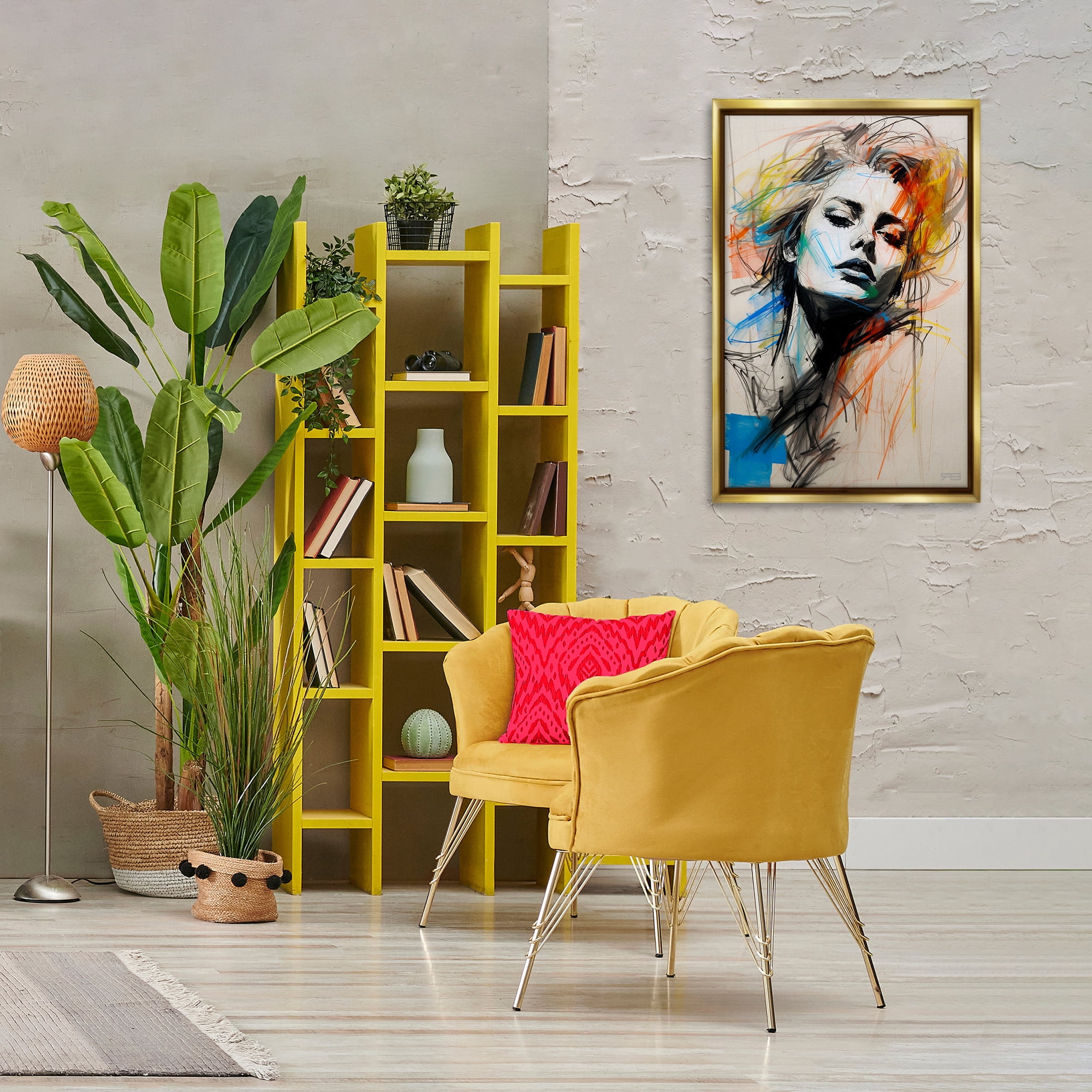 Stupell Industries Chaotic Sketch Portrait Novelty Painting Gold Floater Framed Art Print Wall Art, 21 x 31