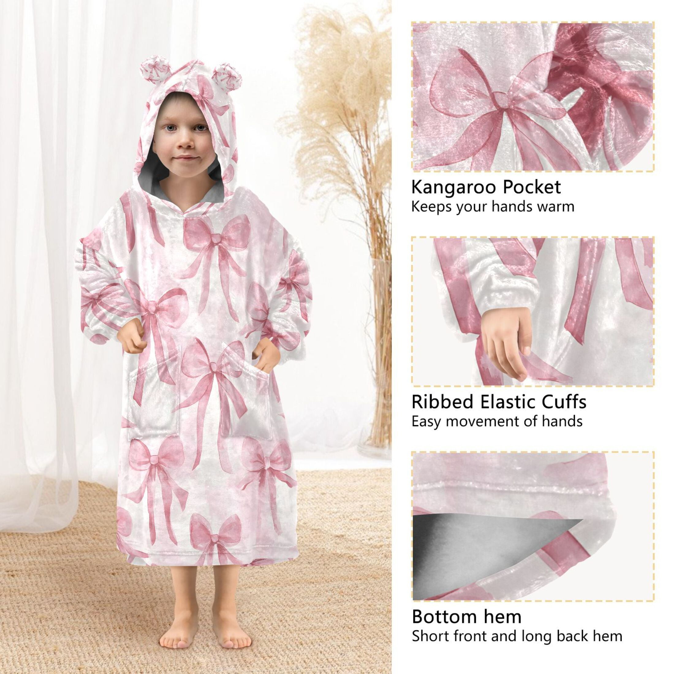 joogoo Wearable Blanket Hoodie for Watercolor Bow Flannel Sherpa Pocket 3-14 YR S