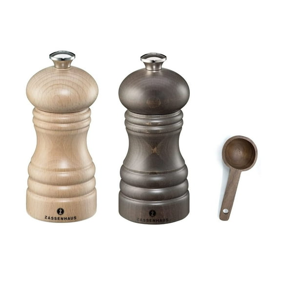 Zassenhaus Berlin Natural Salt & Dark Stained Pepper Grinder Mill, Gift Set - With Wooden Spice Scoop (4.7 Inch)