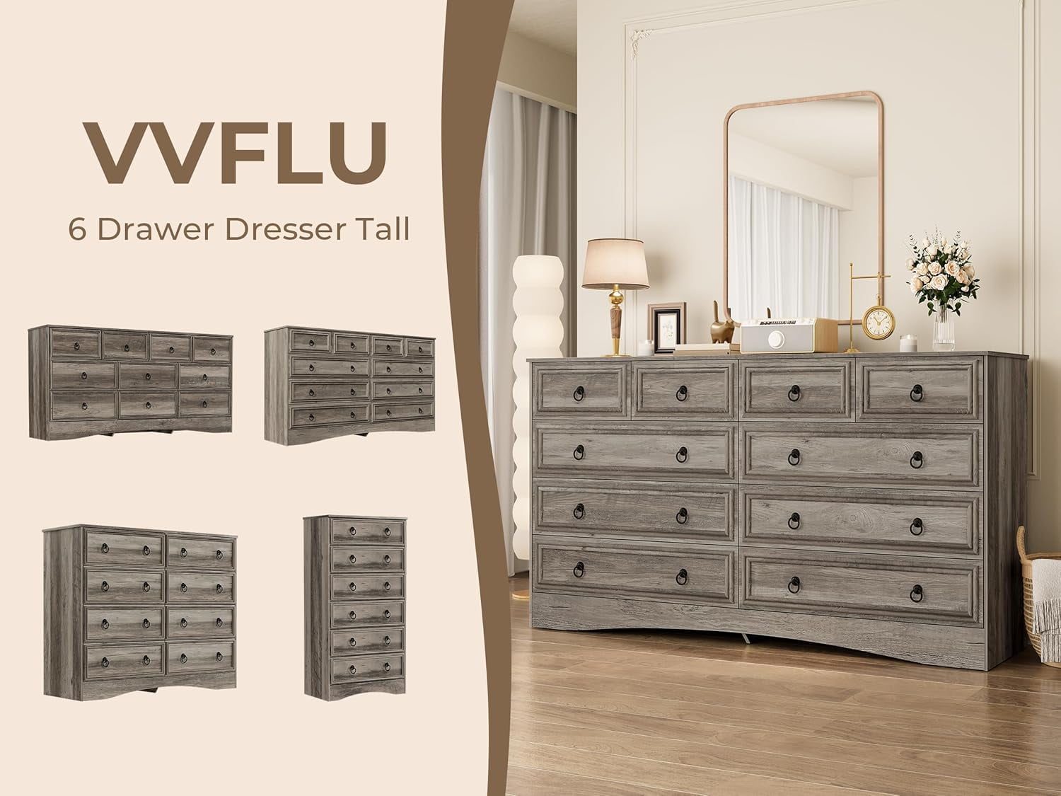 Frmobepts 10 Drawer Double Dresser for Bedroom, 55" Wide Dressers & Chests of Drawers with Large Capacity Storage, Dresser for Bedroom,Gray