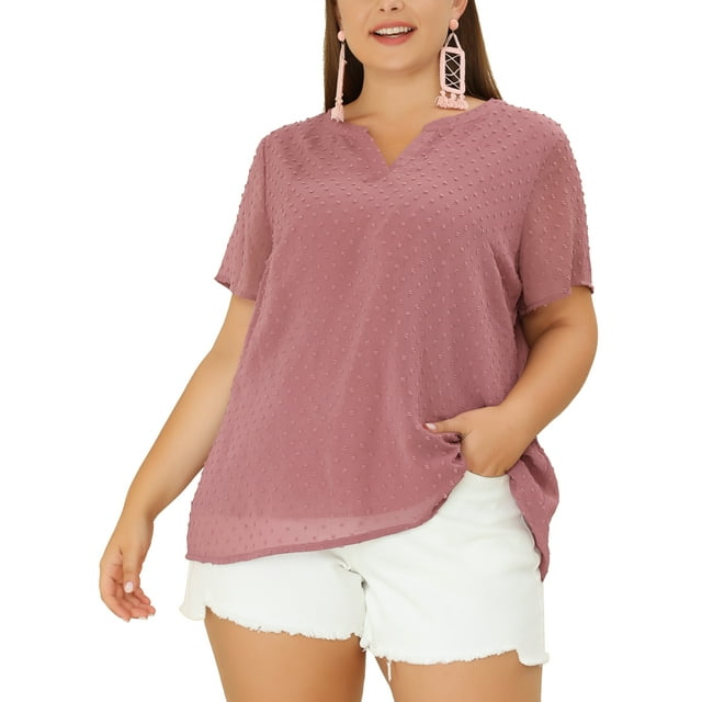 Agnes Orinda Women's Plus Size St. Patrick's Day Tops Swiss Dots Short Sleeve Notched Neck Spring Summer Blouses 4X Gray Purple