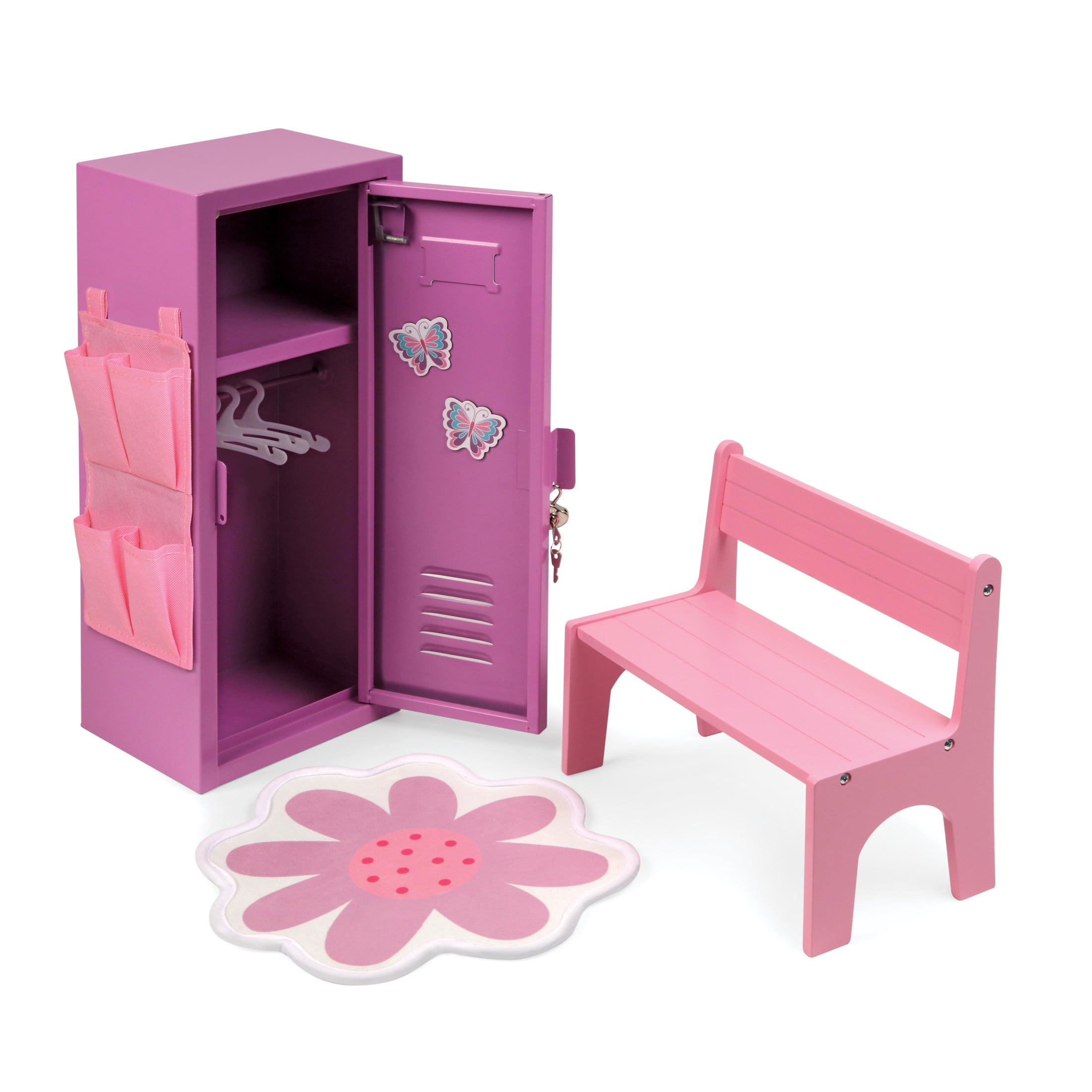 Badger Basket Doll Locker Set with Bench, Rug, and Accessories for 18 inch Dolls - Pink/Purple