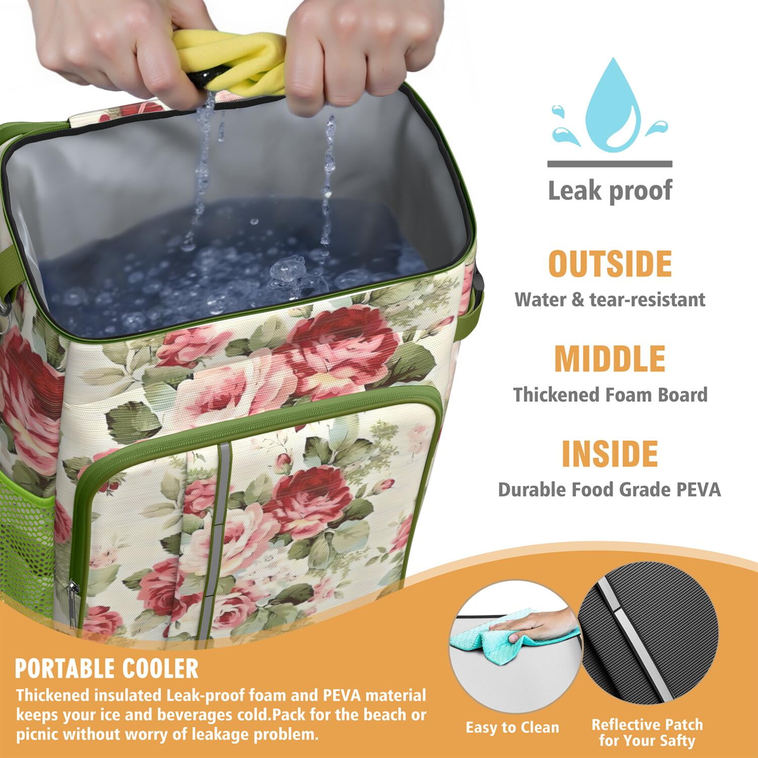 Travel Cooler Bag - Pioneer Flower Floral Print Pattern Camping Beer Cooler Backpack with Bottle Opener- Waterproof Insulated Picnic Backpacks - Cooler Bag for Beach