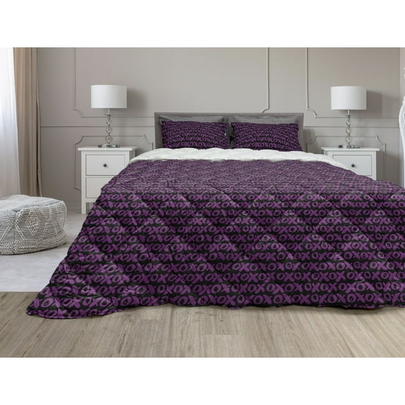 Abstract Comforter & Sham Bedding Set, Funky Brush Stroked Crooked Hand Lettering Retro Xoxo Signs Repeating Pattern, 3 pcs Duvet Set Microfiber Filling Quilt, 5 Sizes, Purple Black, by Ambesonne
