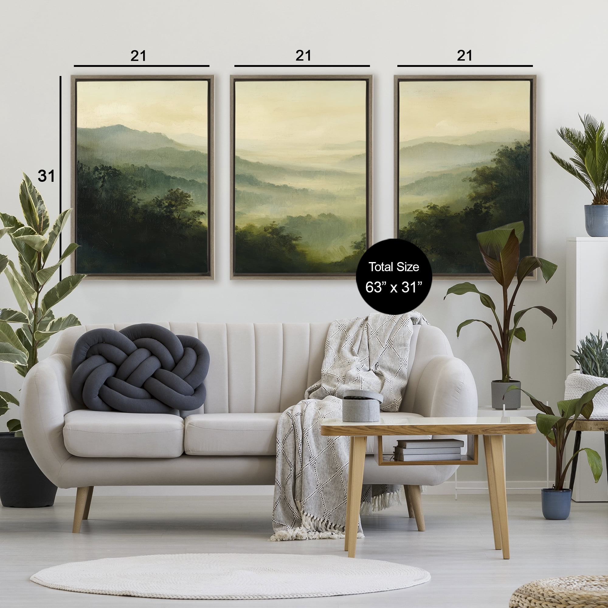 Stupell Industries Through The Haze Mountain Panorama 3 Piece Brown Framed Floater Canvas Set, design by Petal Prints Design