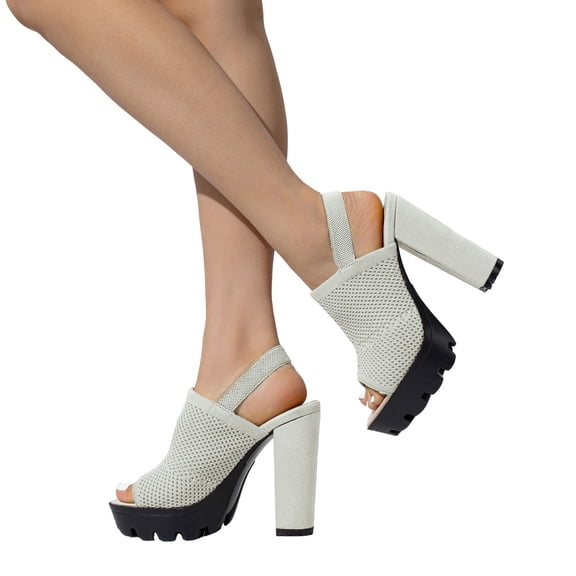 Womens Platform Chunky High Heel Slingback Sandals Fashion Mesh Knit Peep Open Toe Block Heeled Summer Shoes