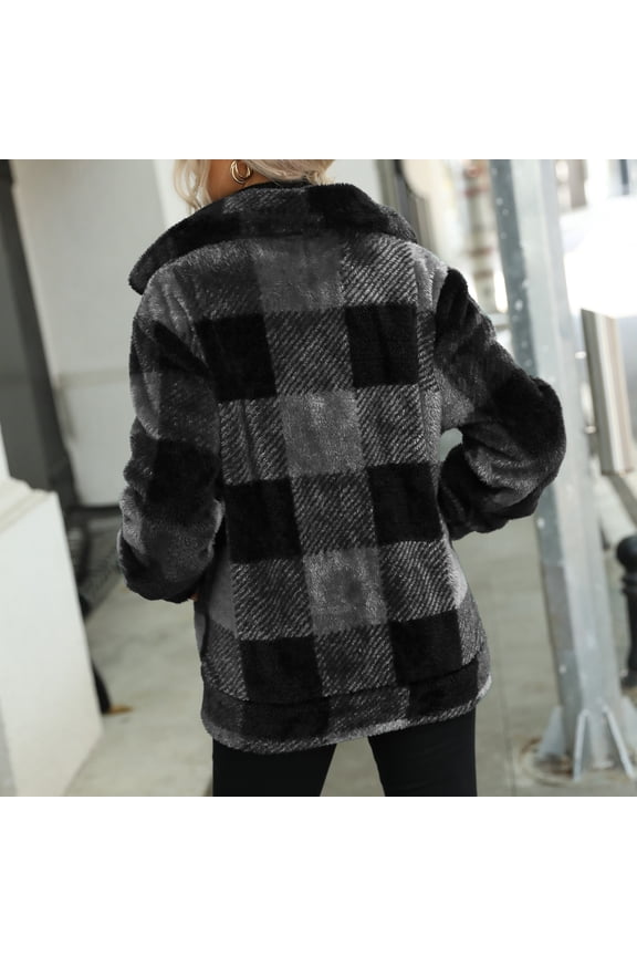 Women Fleece Jacket Zipper Closure Stand Collar Classic Trendy Plaid Pattern Mid Length Double Sided Fleece Coat Gray and Black XL