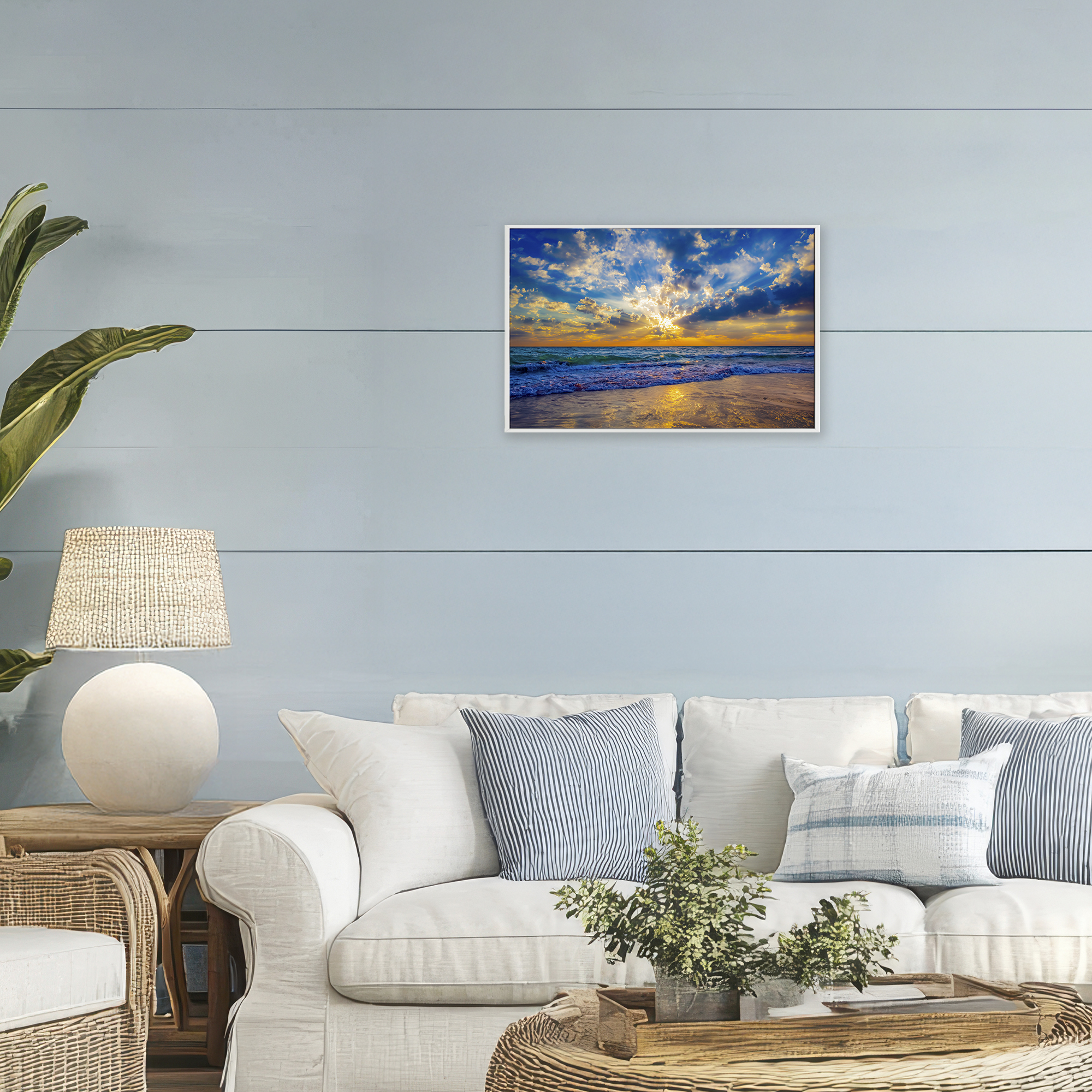 Stupell Industries Golden Blue Sun Ray On Beach White Framed Giclee Art, design by Eszra Tanner
