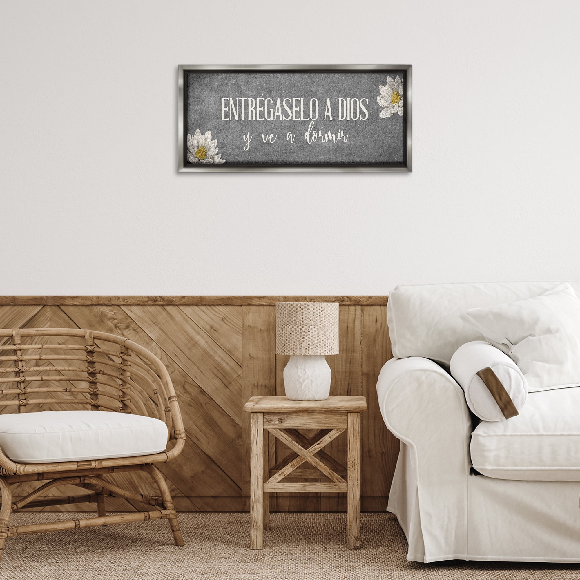 Stupell Industries Entrégaselo a Dios y Descansa Religious Quotes and Sayings Painting Gray Floater Framed Art Print Wall Art, 25 x 11