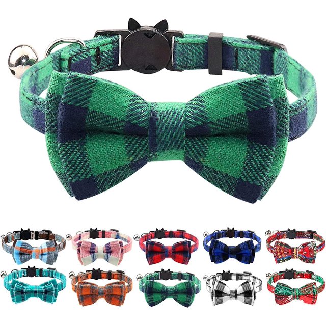 Breakaway Cat Collar with Bow Tie and Bell, Cute Plaid Patterns, 1 or 2 Pack Kitty Safety Collars