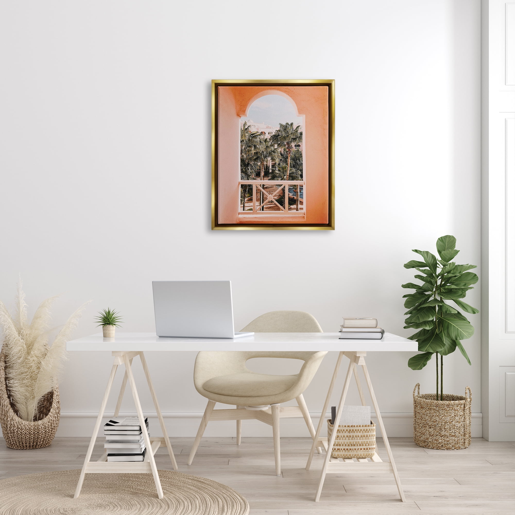 Stupell Tropical Palm Trees Window View Landscape Photography Gold Floater Framed Art Print Wall Art
