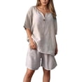thumbnail image 4 of GILIGEGE Linen Sets for Women 2 Piece Summer Cotton Linen 2 Piece Short Set for Women Solid Color Summer Loose Short Sleeve Matching Set Shorts Lounge Beach Vacation Two Piece Outfits Tracksuits, 4 of 6
