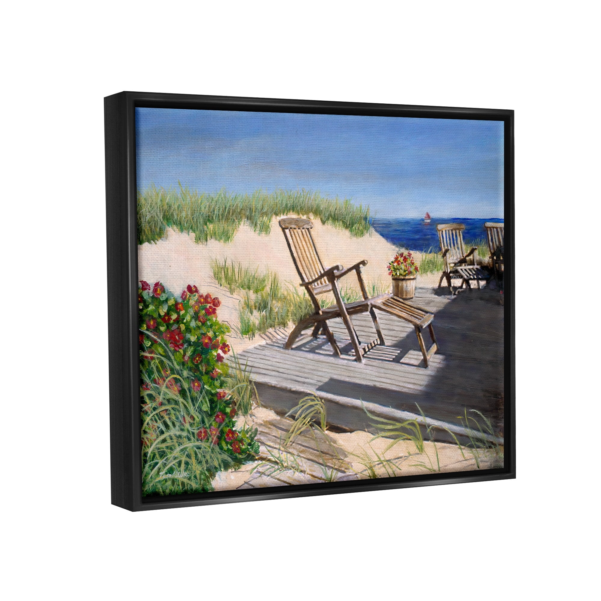 Stupell Industries Relaxing Waterfront Boardwalk Beach Chairs Summer Scene Painting Luster Gray Floating Framed Canvas Print Wall Art, Design by Tom Mielko