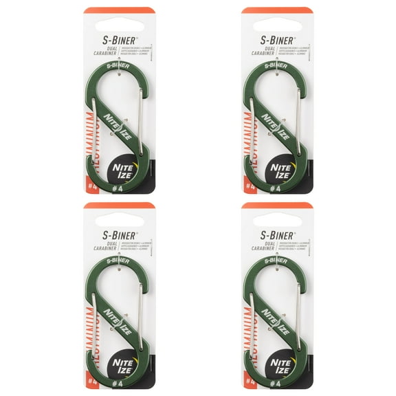 Nite Ize S-Biner Aluminum Dual Carabiner - Durable Dual Carabiner with Wire Gate Closure - Carabiner for Organizing Keys & Gear Attachments - Size 4, Olive (4 Pack)
