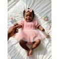 thumbnail image 5 of BemeyourBBs Infant Baby Girl First Birthday Outfit 1st Years Old Birthday Summer Clothes Letter Embroidery Bow Print Short Sleeve Smocked Romper Dress Bow Headband Set, 5 of 8